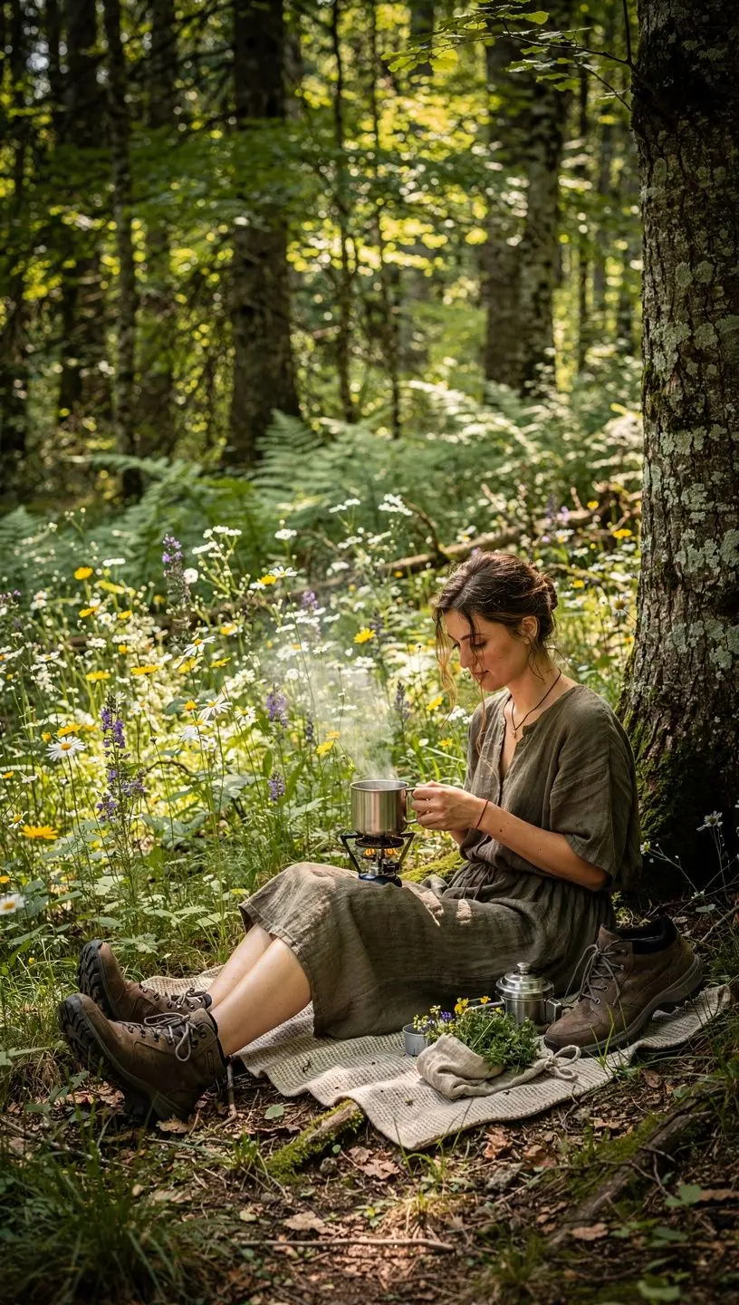 Tradičná slovenská čajová súprava s pohármi a bylinkovým čajom podávaná na slnku