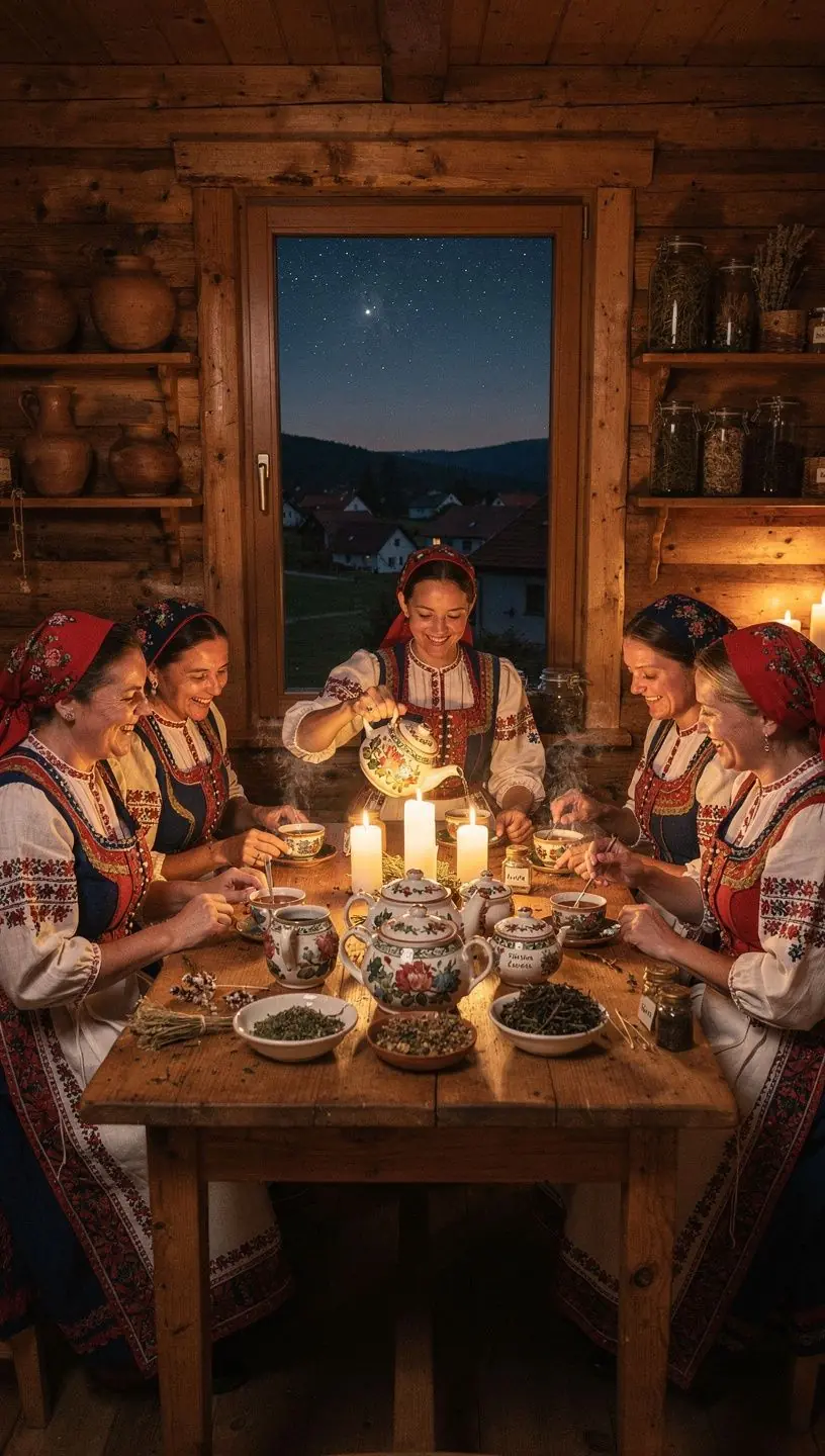 Záber na čajové lístky a byliny usporiadané na doske s nápisom "Tradičné slovenské čaje"