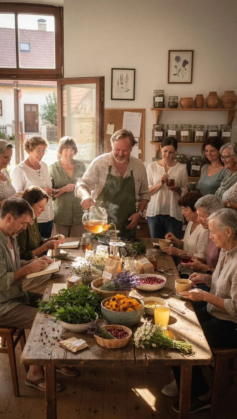 Zelené kopce Slovenska pozadie pri príprave čaju z lokálnych bylín.