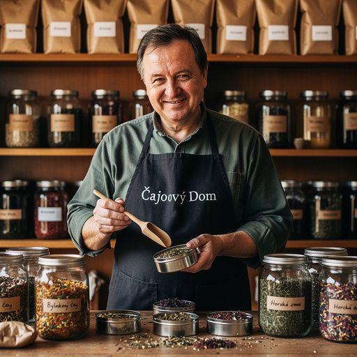 Zelený čaj s bylinkami a kvetmi na drevenom stole.